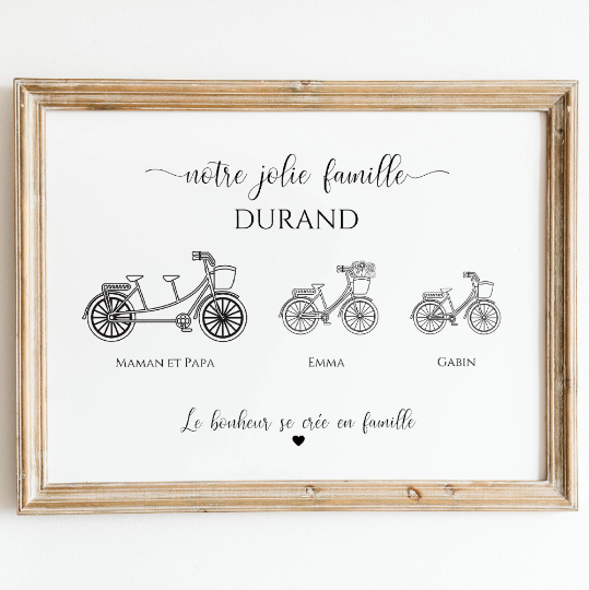Affiche famille personnalisée vélo, Cadeau personnalisé famille avec vélo par Le Temps des Paillettes