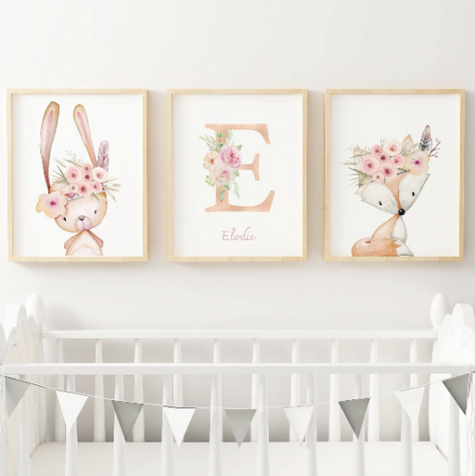 Set 3 affiches animaux aquarelle pour chambre enfant - cadeau de naissance personnalisée prénom par Le temps des paillettes