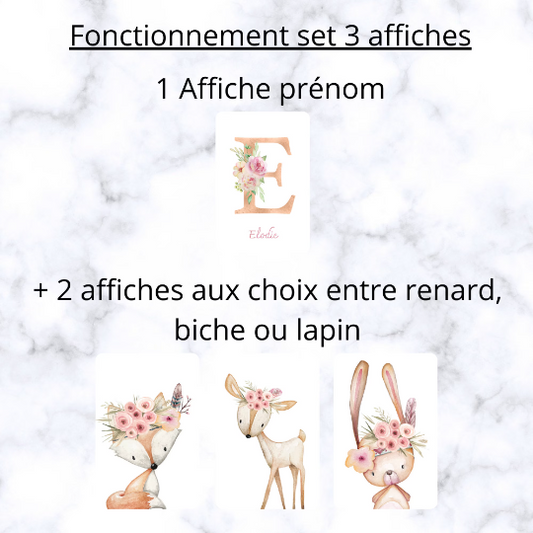 Set 3 affiches animaux aquarelle pour chambre enfant - cadeau de naissance personnalisée prénom par Le temps des paillettes