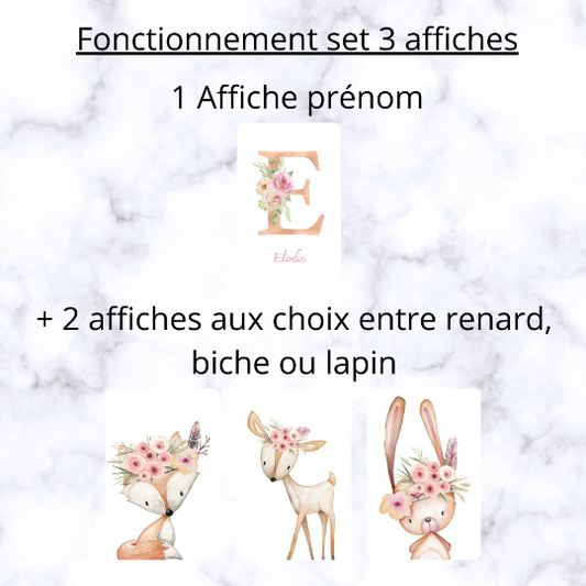 Set 3 affiches animaux aquarelle pour chambre enfant - cadeau de naissance personnalisée prénom par Le temps des paillettes - Le Temps des Paillettes