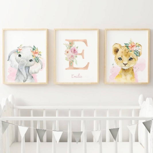 Set 3 affiches animaux de la savane pour chambre enfant - cadeau de naissance personnalisée prénom par Le temps des paillettes