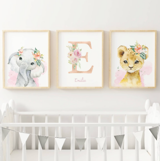 Set 3 affiches animaux de la savane pour chambre enfant - cadeau de naissance personnalisée prénom par Le temps des paillettes - Le Temps des Paillettes