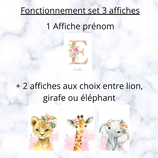 Set 3 affiches animaux de la savane pour chambre enfant - cadeau de naissance personnalisée prénom par Le temps des paillettes