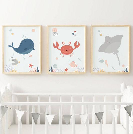 Affiches océan enfant - trio crabe baleine raie - Décoration sous l'océan - Le Temps des Paillettes