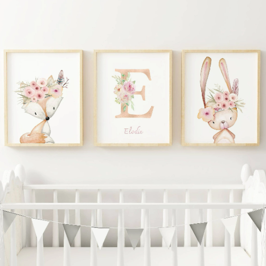 Set d'affiche animaux de la forêt aquarelle- Affiche chambre bébé renard lapin et biche - Le Temps des Paillettes