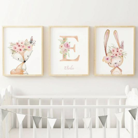 Set d'affiche animaux de la forêt aquarelle- Affiche chambre bébé renard lapin et biche