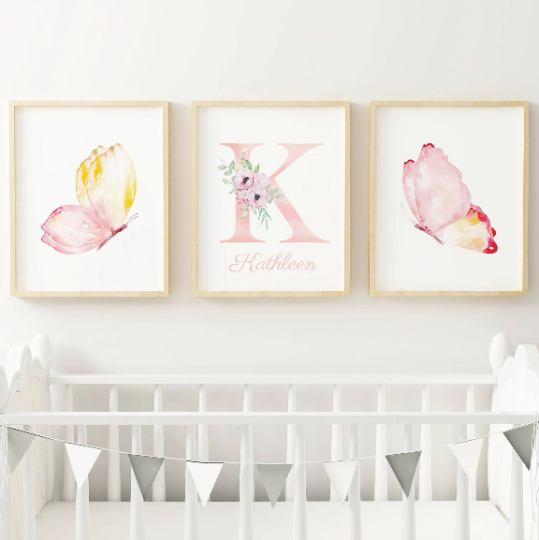 Set 3 affiches papillon aquarelle pour chambre enfant - cadeau de naissance personnalisée prénom