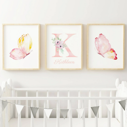 Set 3 affiches papillon aquarelle pour chambre enfant - cadeau de naissance personnalisée prénom - Le Temps des Paillettes