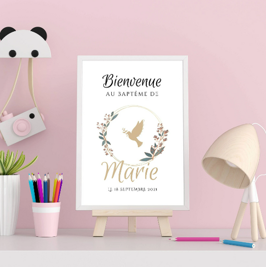 Affiche bienvenue baptême Colombe / anniversaire personnalisée - Panneau de bienvenue pour baptême par le Temps des Paillettes - Le Temps des Paillettes