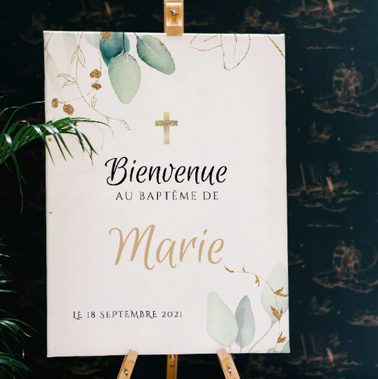 Affiche bienvenue baptême eucalyptus / anniversaire personnalisée - Panneau de bienvenue pour bapteme par le Temps des Paillettes - Le Temps des Paillettes