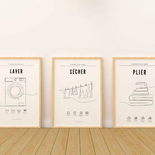 Set 3 affiches buanderie laver sécher plier - Décoration salle de bain cellier par Le Temps des Paillettes - Le Temps des Paillettes