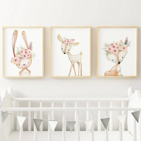 Set d'affiche animaux de la forêt aquarelle- Affiche chambre bébé renard lapin et biche