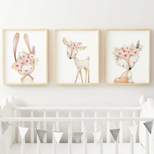 Set d'affiche animaux de la forêt aquarelle- Affiche chambre bébé renard lapin et biche - Le Temps des Paillettes