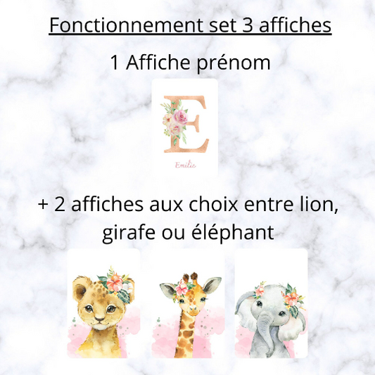 Set 3 affiches animaux de la savane pour chambre enfant - cadeau de naissance personnalisée prénom - Le Temps des Paillettes