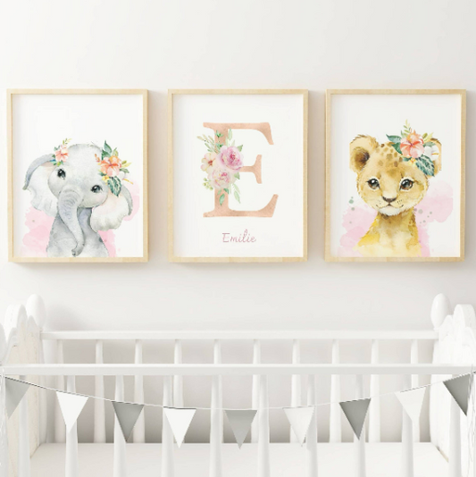 Set 3 affiches animaux de la savane pour chambre enfant - cadeau de naissance personnalisée prénom