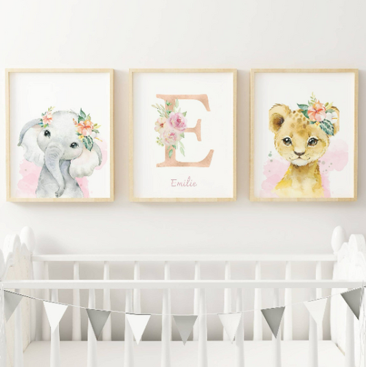 Set 3 affiches animaux de la savane pour chambre enfant - cadeau de naissance personnalisée prénom - Le Temps des Paillettes