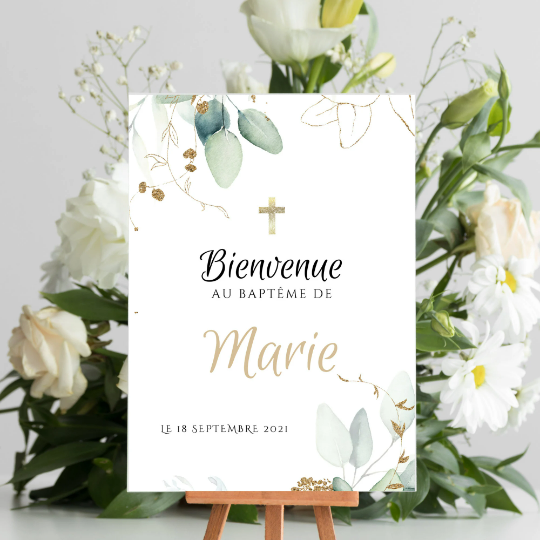 Affiche bienvenue baptême eucalyptus  / anniversaire personnalisée - Panneau de bienvenue pour bapteme par le Temps des Paillettes