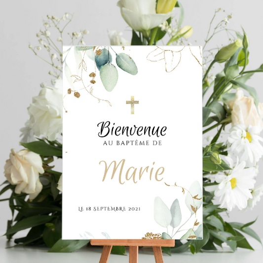 Affiche bienvenue baptême eucalyptus / anniversaire personnalisée - Panneau de bienvenue pour bapteme par le Temps des Paillettes - Le Temps des Paillettes